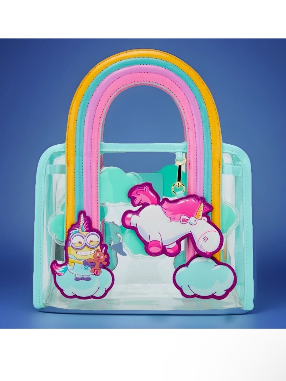 Loungefly Clear Mint Rainbow Tote with Pink Unicorn and Minion Charm